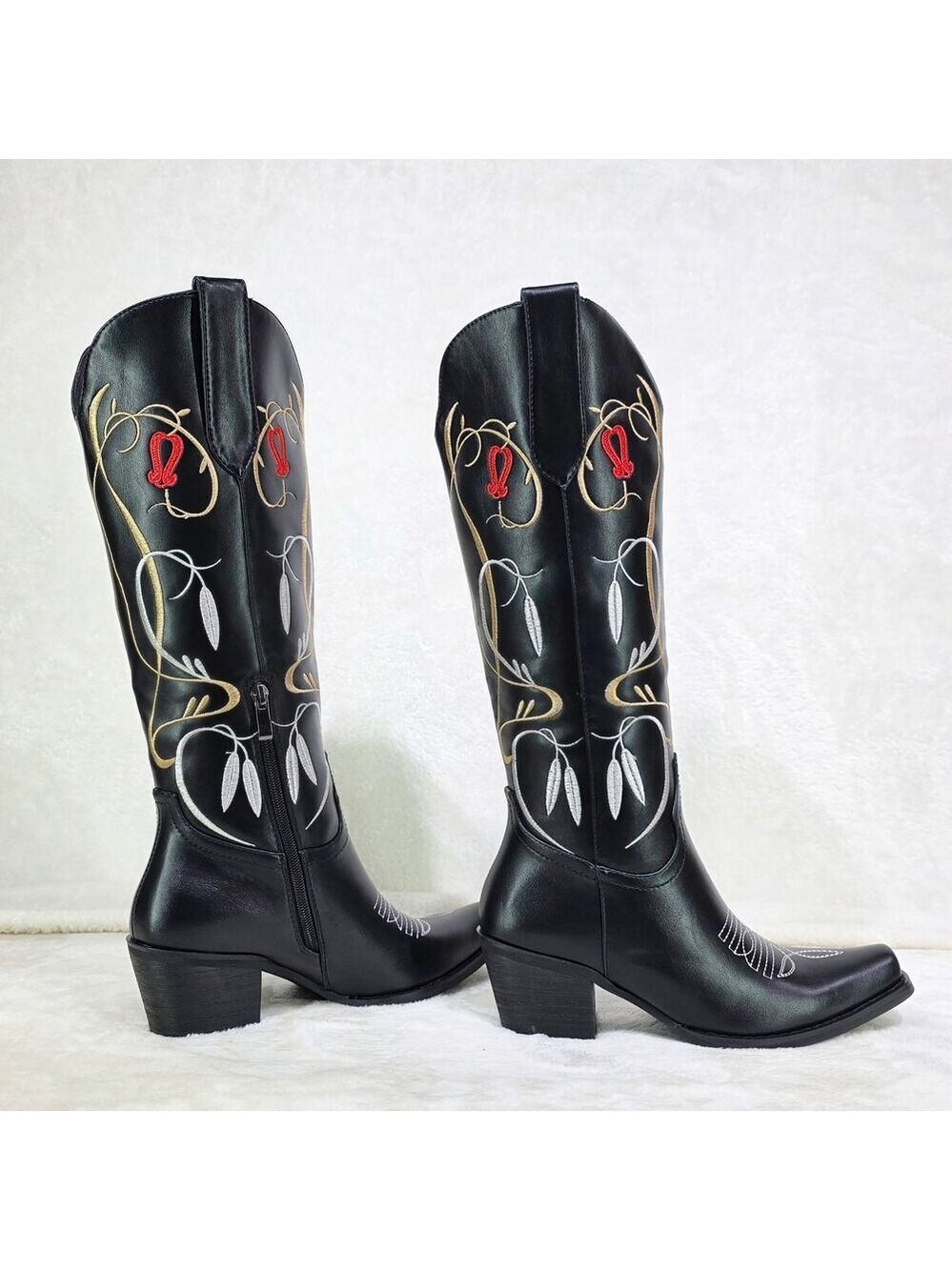 NIB Lily Bell Embroidery Country Western Cowgirl Calf Knee Boots Black - Picture 3 of 13